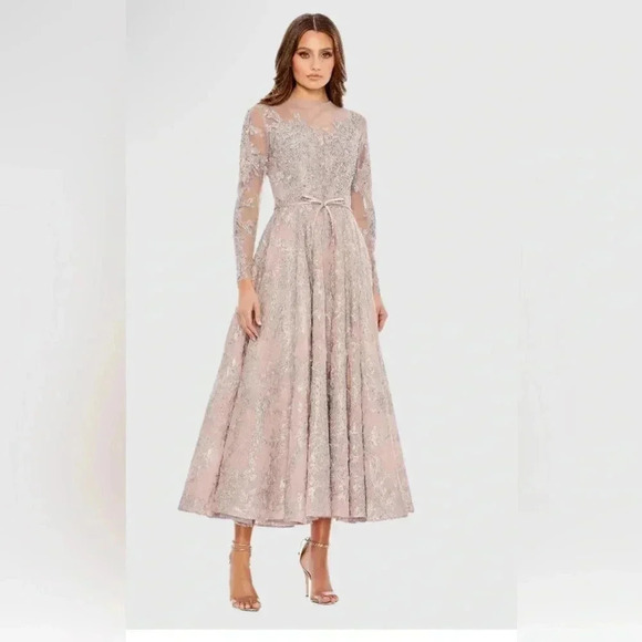 Mac Duggal Dresses & Skirts - MAC DUGGAL Embellished Bow Belt Illusion Long Sleeve A Line Dress Style 20337